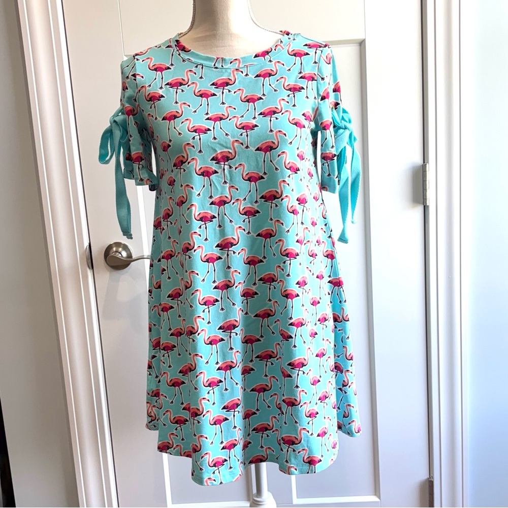 Crown & Ivy Blue with Pink Flamingos Summer Dress Lace up Short Sleevs Small